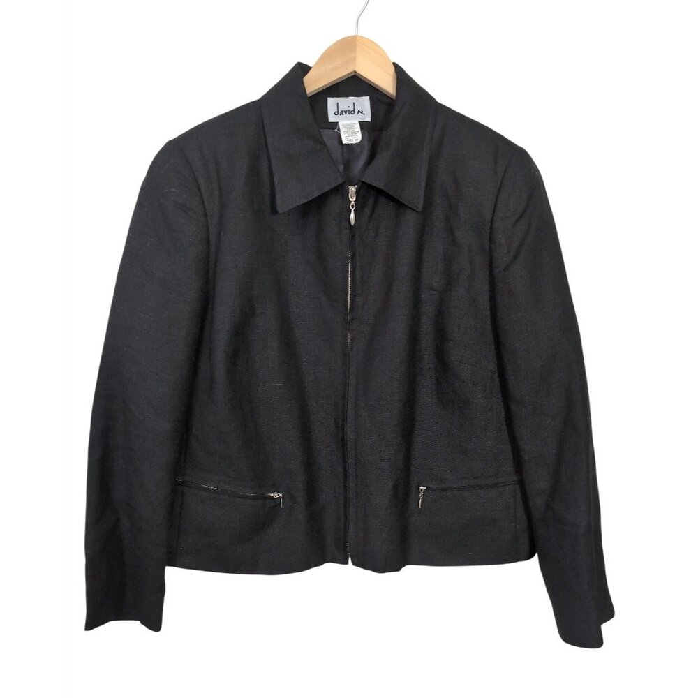 David Nâ Linen Blend Jacket Womens 16 Black Full Zip Career Office Casual